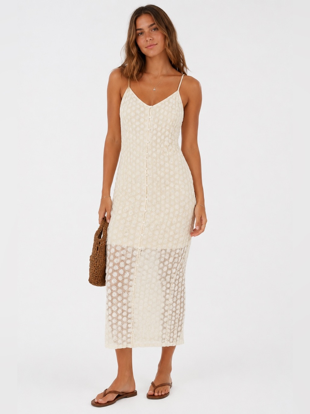 American Eagle Micro Daisy Embroidered Button Front Maxi Dress